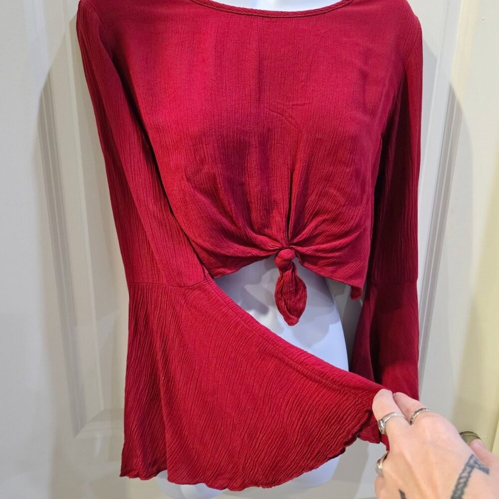 Windsor ✦ Red Flare Sleeve Crop Top ✦ Tie‑Front Textured Boho Style Made in USA - Picture 6 of 15